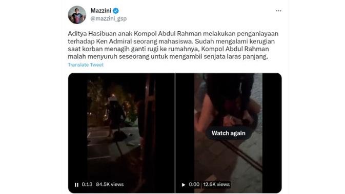 Viral di Twitter Sebuah Video Penganiayaan yang Diduga Dilakukan Aditya Hasibuan, Anak Kompol Abdul Rahman. Aditya Hasibuan Aniaya Ken Admiral (Tangkapan Layar Akun @Mazzini_gsp)