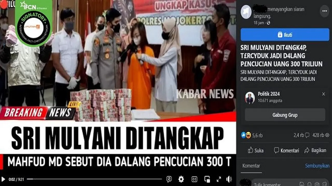 Gambar Tangkapan Layar Kabar Hoaks Menkeu Sri Mulyani Ditangkap karena Jadi Dalang Pencucian Uang Rp 300 Triliun (sumber: Facebook).
