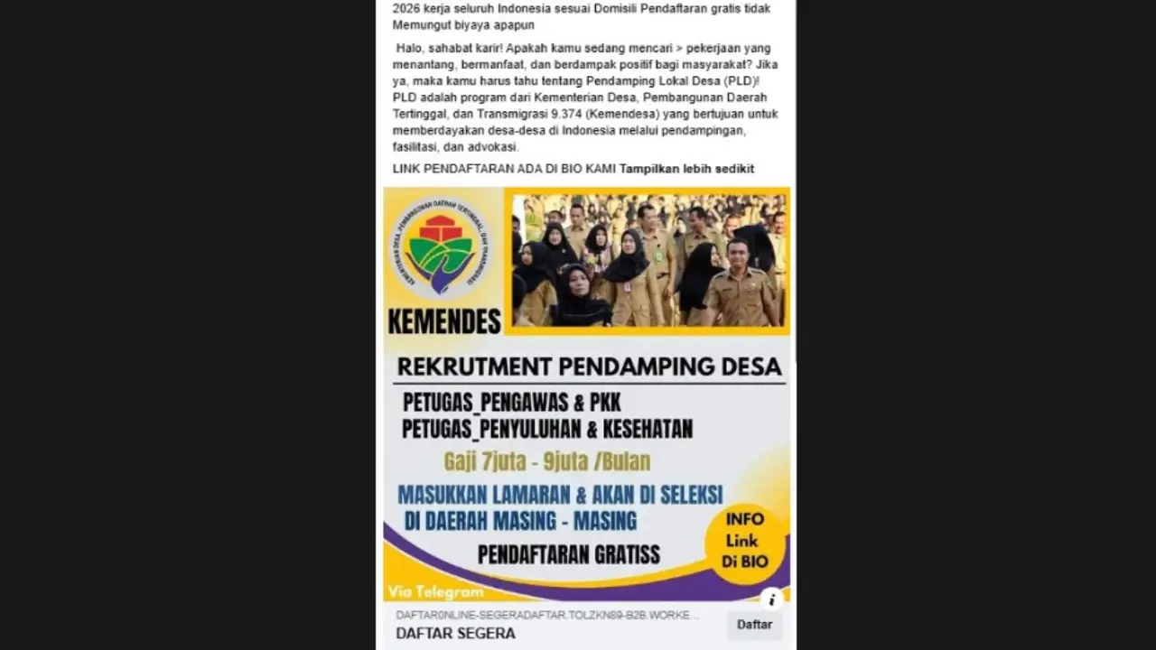 Cek Fakta Liputan6.com mendapati klaim link pendaftaran Pendamping Lokal Desa (PLD) 2026.