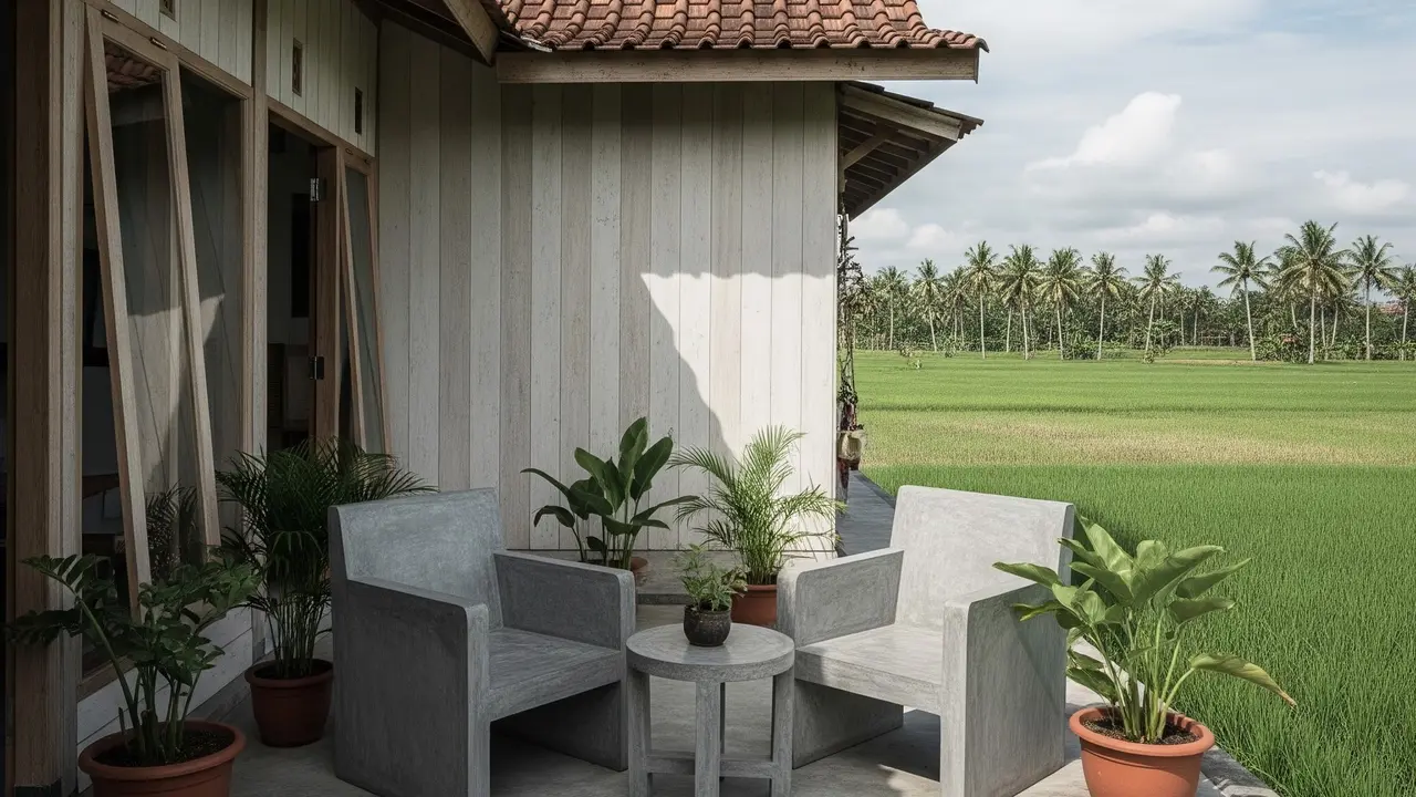 9 Model Teras Rumah Desa dengan Kursi Cor Minimalis yang Nyaman, Menciptakan Ketenangan