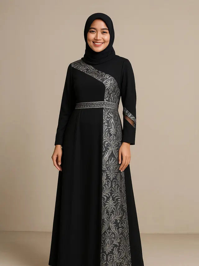 Model Gamis Batik Kombinasi Hitam Polos dan Silver/Ilustrasi AI