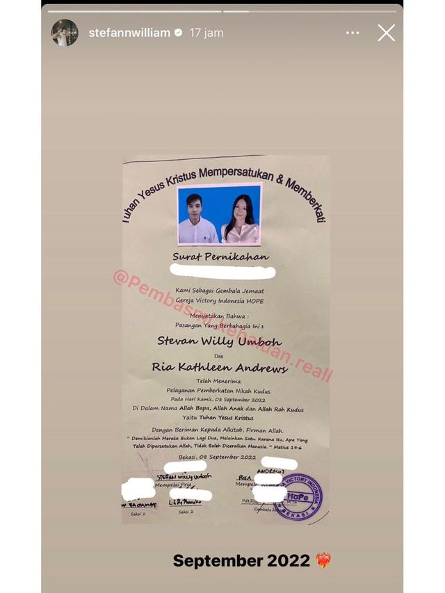 Surat Nikah Stefan William dan Ria Andrews (Instagram)