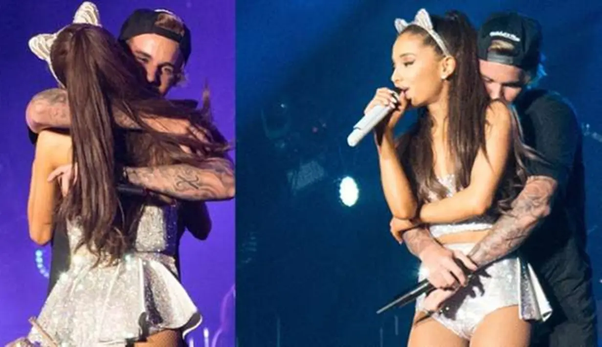 Ya, memang benar Justin Bieber dan Ariana Grande dikabarkan pernah dekat di tahun 2013 silam. Keduanya nampak berpelukan mesra di atas panggung. (Dailymail/Bintang.com)
