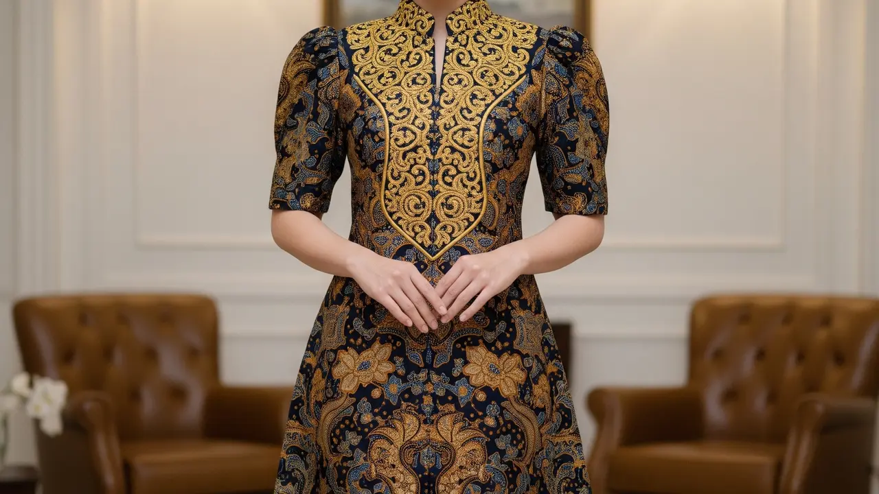 Model Dress Batik Lengan Puff Brokat Elegan