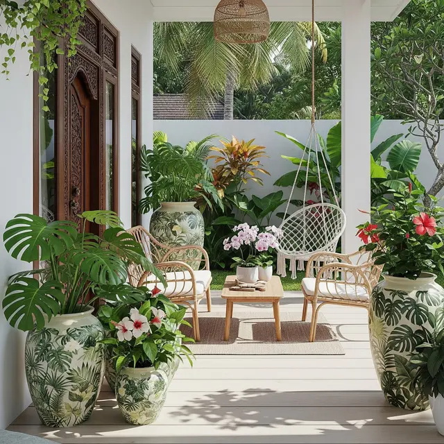 9 Model Teras Rumah Minimalis Ala Taman Tropis dengan Pot Besar, Kesejukan Alami