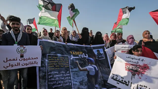 Usai Penembakan Yasser Murtaja, Wartawan Palestina Gelar Aksi Kecam Tentara Israel