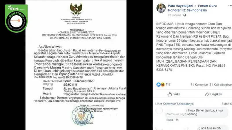 [Cek Fakta] Gambar Tangkapan Layar Foto Surat Palsu Pengangkatan PNS