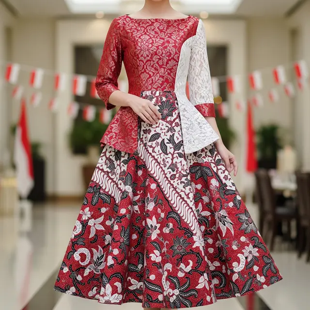 Dress Batik Kombinasi Brokat Tema Hari Kemerdekaan (AI Generated)