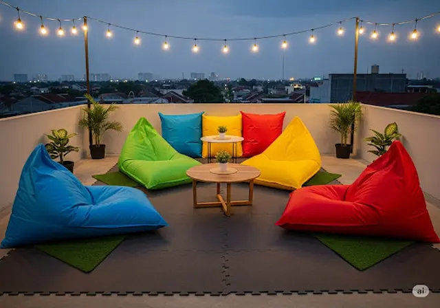 Desain Rooftop dengan Meja Lesehan dan Beanbag/Rooftop Rumah Sederhana Ukuran 4x4 (Sumber: gemini.com)