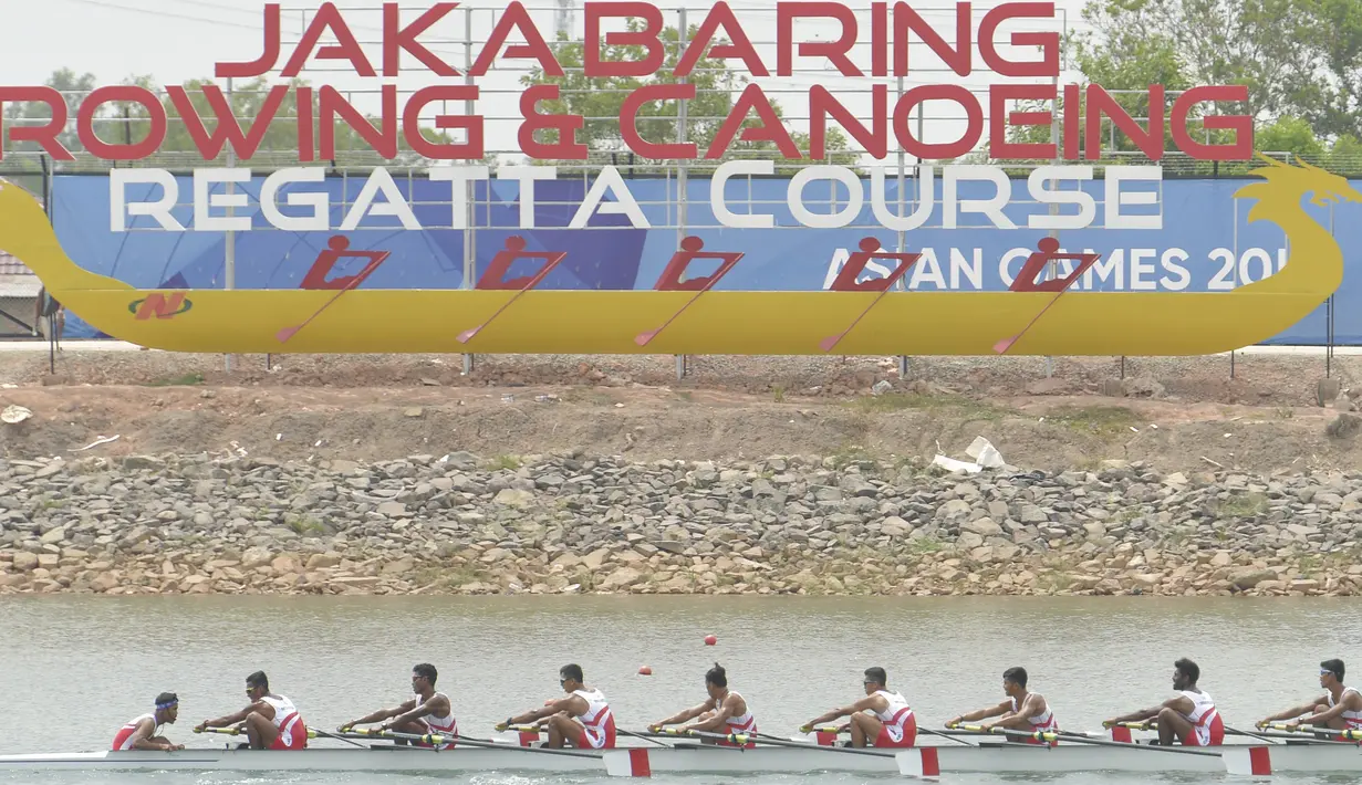 Tim dayung Indonesia saat berlaga pada Asian Games di JSC Lake Jakabaring, Sumatera Selatan, Jumat (24/8/2018). Tim dayung persembahkan emas ke sembilan untuk Indonesia. ANTARA FOTO/INASGOC/Nova Wahyudi/nym/18