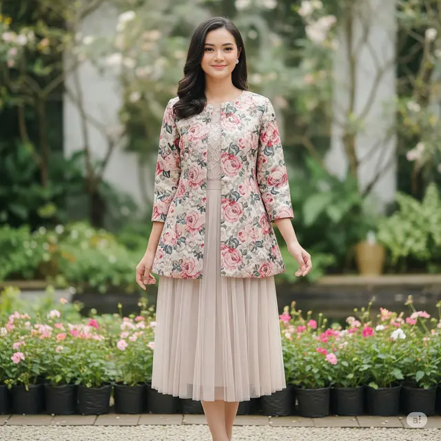 Outer Brokat Floral dan Rok Tile Midi
