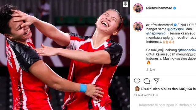 Arief Muhammad Beri Hadiah untuk Greysia Polii dan Apriyani Rahayu berupa Gerai Makanan.