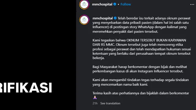 Pernyataan pihak MMC Hospital. (Instagram/ mmchospital)
