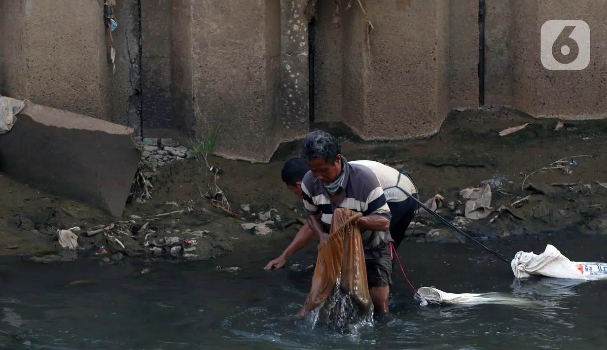 Warga mencari ceceran benda di Sungai Ciliwung, Jakarta, Senin (27/7/2020). Setiap tanggal 27 Juli diperingati sebagai Hari Sungai Nasional, namun ironisnya kondisi sungai Ciliwung masih terlihat banyak ceceran sampah, terutama plastik. (Liputan6.com/Helmi Fithriansyah)