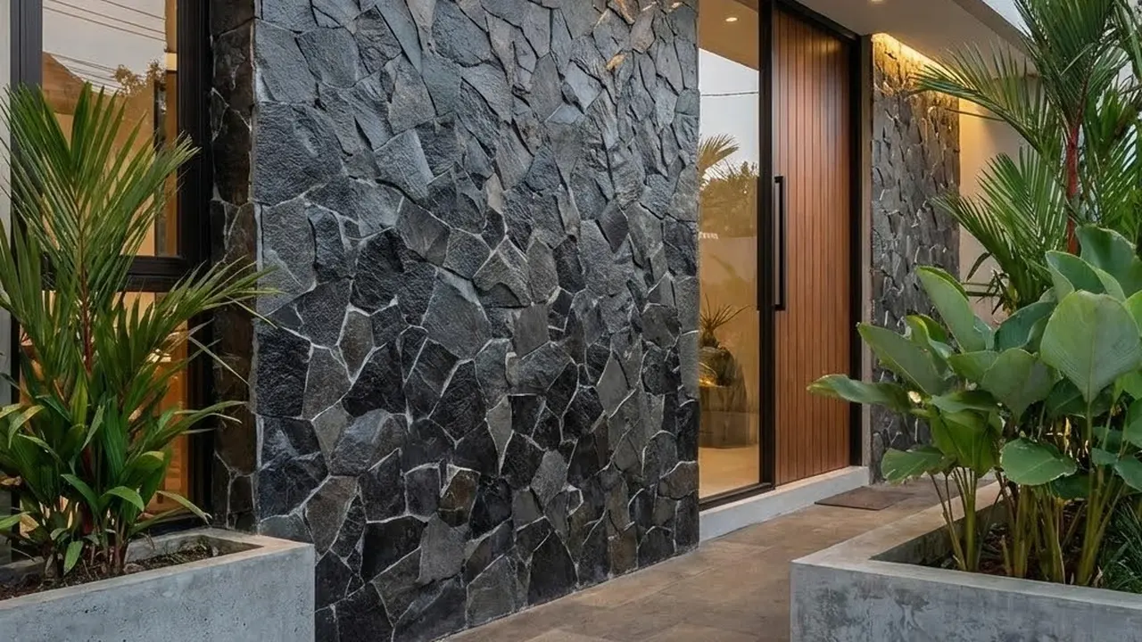 Rumah minimalis dengan teras Batu Templek (Gemini AI)