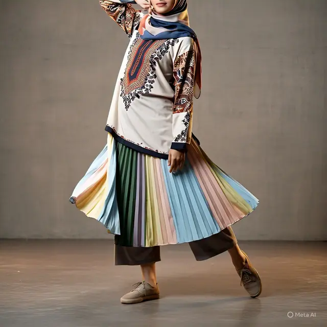 Setelan Tunik dan Rok Plisket dengan Hijab Layered