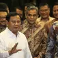 Ketua Umum Partai Gerindra Prabowo Subianto bersama Ketua Umum Partai Demokrat Agus Harimurti Yudhoyono  memberikan keterangan usai melakukan pertemuan di Kertanegara, Jakarta, Jumat (24/6/2022). Pertemuan selama dua jam itu pun belum ada kesepakatan antara Gerindra dan Demokrat. (Liputan6.com/Faizal Fanani)