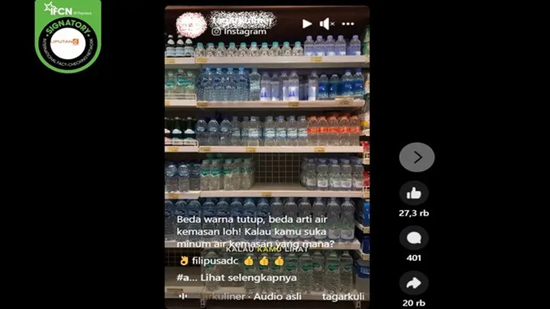 Gambar tangkapan layar video yang diklaim warna tutup botol air dalam kemasan mendandakan perbedaan jenis airnya. (sumber: Facebook)