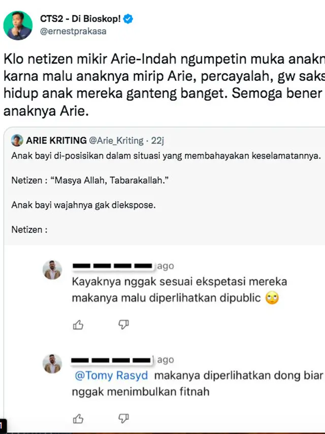 Ernest Prakasa Beri Bocoran Paras Anak Arie Kriting dan Indah Permatasari: Gue Saksi Hidup, Anak Mereka Ganteng Banget. (twitter @ernestprakasa)