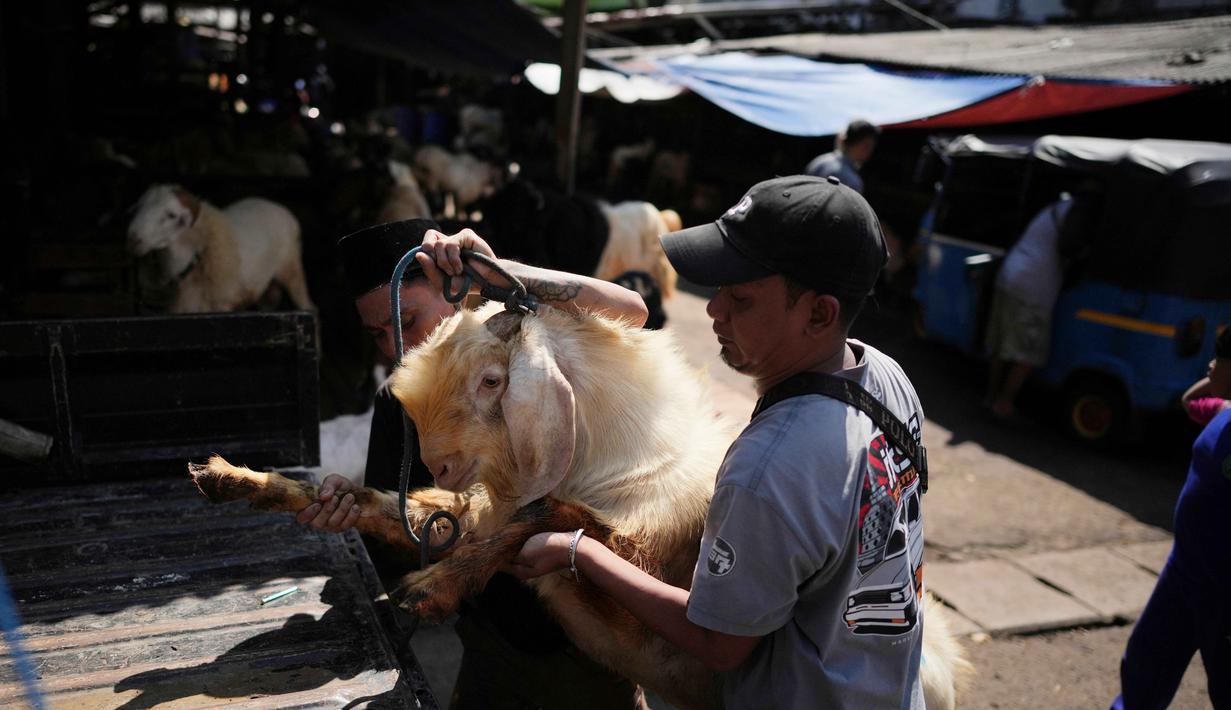 Para pekerja memuat seekor kambing ke bak truk menjelang Hari Raya Idul Adha 1447 Hijriah di Jakarta, Selasa 26 Mei 2026. (AP Photo/Dita Alangkara)