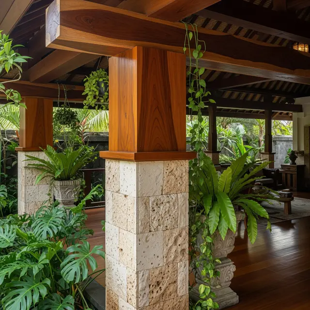 Model Tiang Rumah Batu Alam Kombinasi Kayu