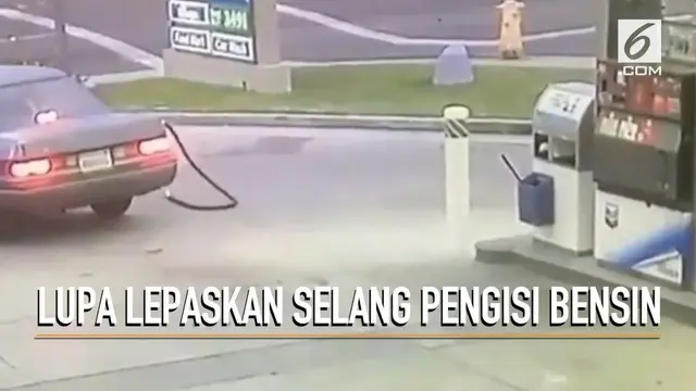Seorang wanita lupa melepaskan selang pengisi bensin hingga terputus. Parahnya sang pengemudi tidak merasa bersalah dan kabur.