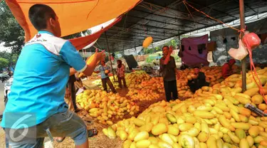 Pedagang saat menjual timun suri di Pasar Kramat Jati, Jakarta, Selasa (14/6/2016). Memasuki minggu kedua di bulan Ramadhan permintaan timun suri untuk bahan berbuka puasa terus meningkat. (Liputan6.com/Yoppy Renato)