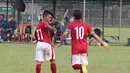 Ekspresi kapten Timnas Indonesia U16, Egi Maulana, sesaat setelah mencetak gol pertama dalam ujicoba melawan Jepang U16 di Lapangan Padepokan Voli Indonesia di Sentul, Bogor, Jawa Barat. 