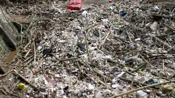 Tumpukan sampah yang menyumbat Pintu Air Manggarai, Jakarta, Selasa (26/2). Meningkatnya debit air Sungai Ciliwung yang disebabkan hujan di kawasan Bogor dan Depok menyebabkan terjadi penumpukan sampah di Pintu Air Manggarai. (Liputan6.com/Faizal Fanani)