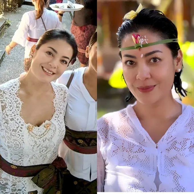 6 Pesona Awet Muda Lulu Tobing Berkebaya Putih Jalani Upacara Pelebon dan Mecaru di Bali