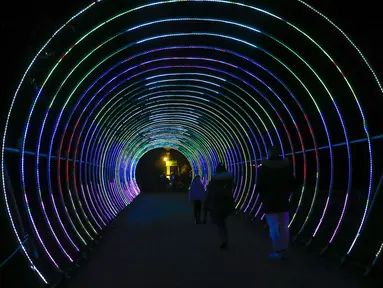 Para pengunjung berjalan di dekat instalasi cahaya di Chiswick House and Gardens dalam acara resmi penyalaan Festival Lightopia (sesi pemotretan) di London, Inggris (21/1/2020). Lightopia dibuka untuk umum dari 22 Januari hingga 1 Maret. (Xinhua/Han Yan)