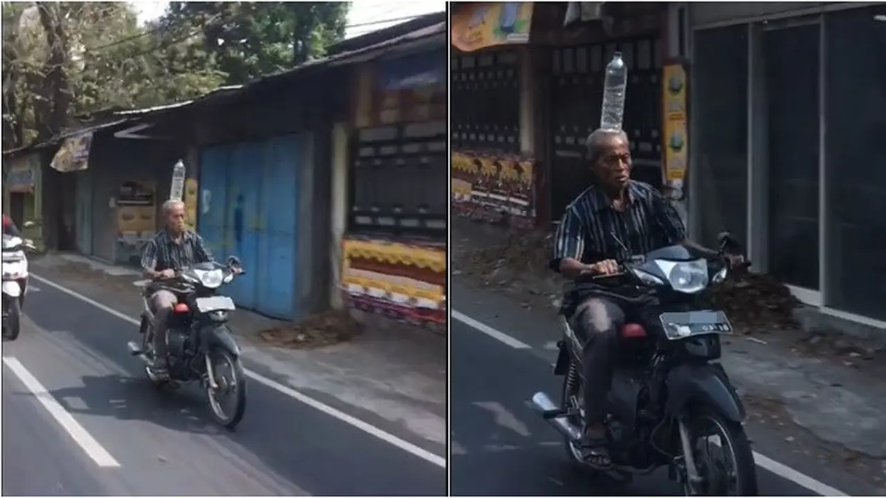 Aksi Kocak Bapak-Bapak Bawa Botol Air di Kepala Sambil Naik Motor, Bak Atraksi