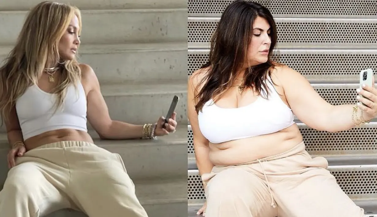 Ia juga meniru gaya Jennifer Lopez dengan tube putih yang dipadukan dengan celana track. Instagram @katiesturino