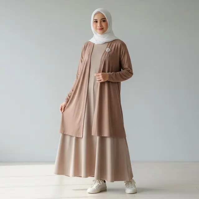 Gamis Cardigan A-Line Minimalis dengan Warna Earth Tone