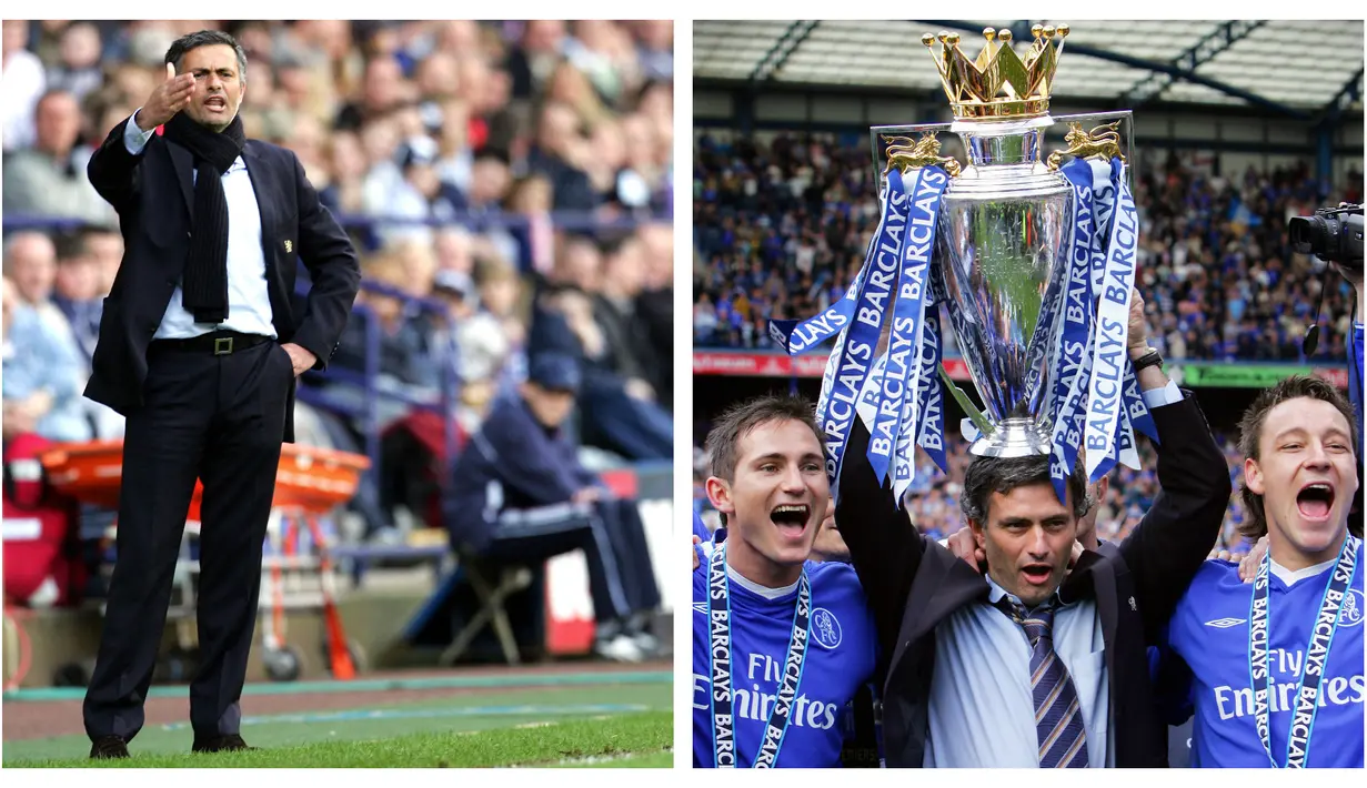 Jose Mourinho direkrut Chelsea setelah membawa FC Porto juara Liga Champions 2003/2024. Mourinho mendatangkan pemain-pemain top seperti Petr Cech, Ricardo Carvalho, John Terry, hingga Claude Makelele untuk mengisi skuad The Blues. Hasilnya, pelatih berjuluk The Special One berhasil membawa Chelsea menjuarai Liga Inggris dengan raihan 95 poin yang merupakan rekor pada saat itu, dengan hanya kebobolan 15 gol dan mencatat 25 clean sheet sepanjang musim. (Foto kolase: AFP)