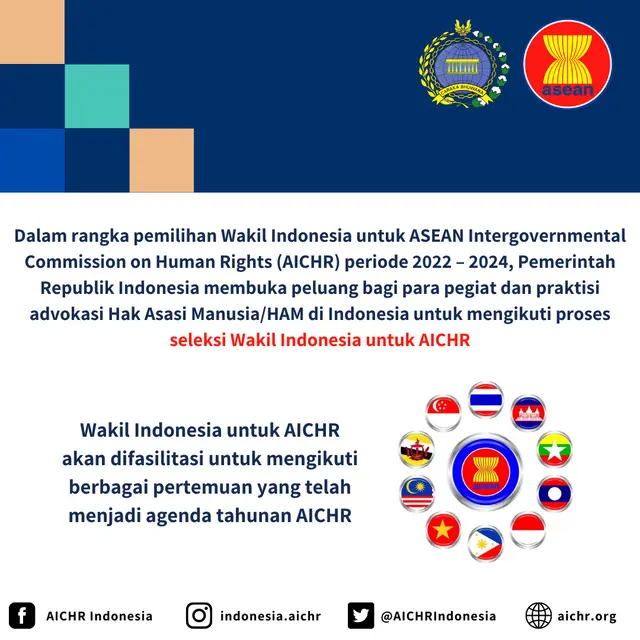 Pembukaan seleksi wakil Indonesia untuk ASEAN Intergovernmental Commission on Human Rights (AICHR) Periode 2022 – 2024 sudah dibuka untuk mewakili Tanah Air di AICHR. (Dok Kemlu RI)