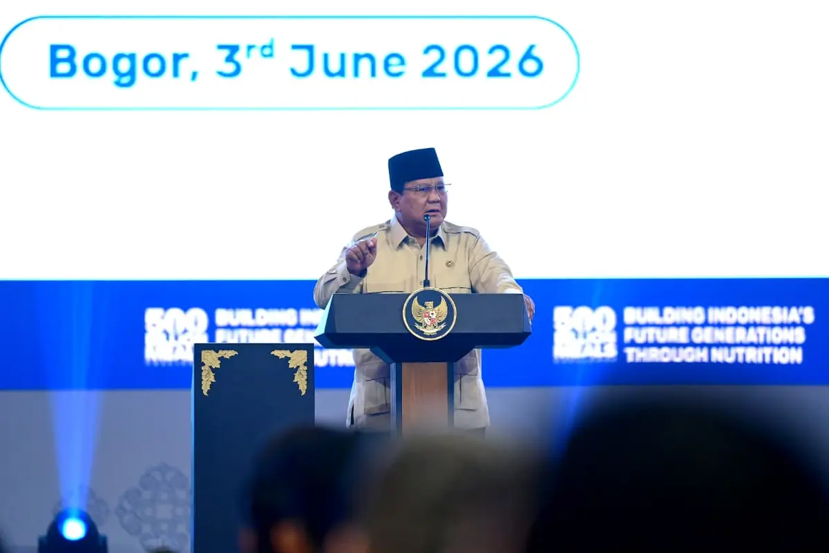 Presiden Prabowo Subianto saat menghadiri 'Building Indonesia's Future Generations Through Nutrition' di SICC Kabupaten Bogor, Jawa Barat, Rabu (3/6/2026) (Sekretariat Presiden)
