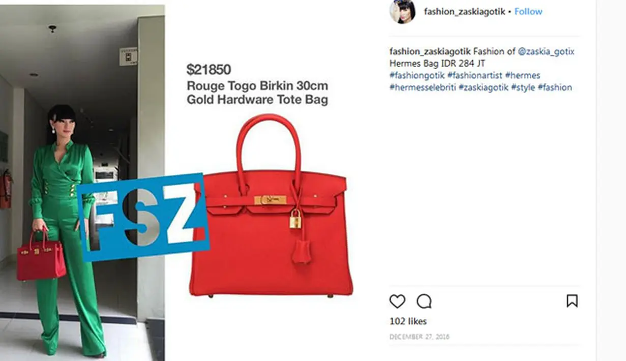 Melihat dari akun Instagram Fashion_Zaskiagotik, tas berwarna merah merek Hermes ini harganya mencapai angka Rp 284 Juta. (Instagram/fashion_zaskiagotik)