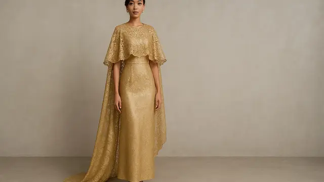 Model Dress Panjang Warna Gold 2025/ Ilustrasi gambar oleh AI