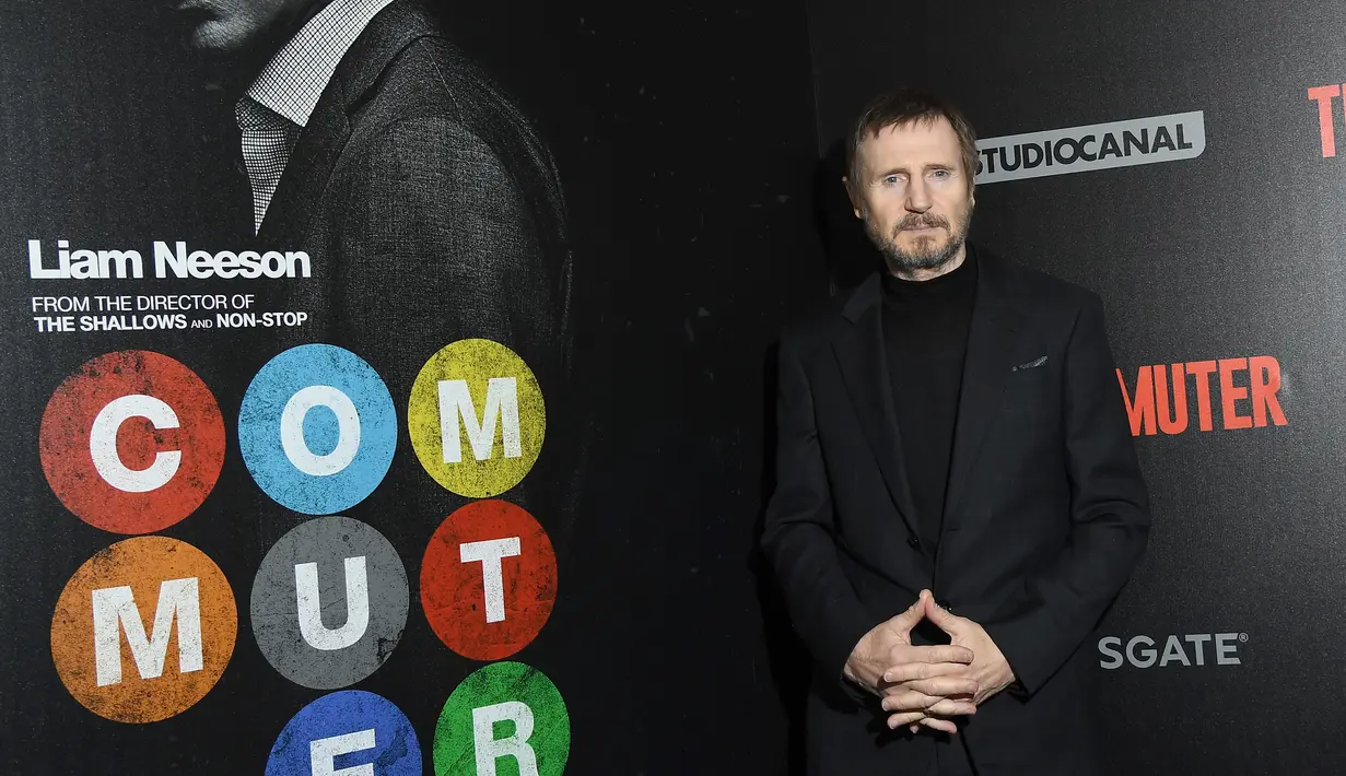 Liam Neeson menghadiri premiere film terbarunya, THE COMMUTER, di New York, 8 Januari 2018. Liam mengenakan setelan jas warna hitam untuk menghormati Time's Up movement yang sebelumnya juga diterapkan di Golden Globe. (Jamie McCarthy / GETTY IMAGES / AFP)