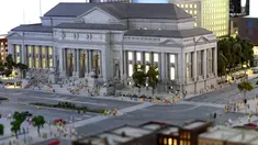 Miniatur dari Metropolitan Museum of Art di New York dipamerkan saat acara Gulliver’s Gate di Times Square, New York City, Senin (10/4). Pameran ini menampilkan miniatur dari situs dan tempat-tempat terkenal dari seluruh dunia. (AFP PHOTO / TIMOTHY A)