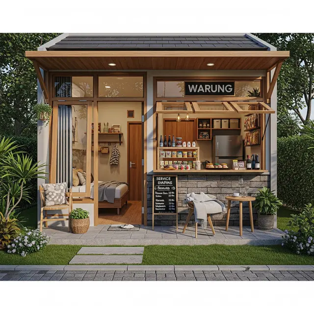 Desain Rumah di Desa Rp 50 Juta dengan Warung Kecil (Gemini AI)