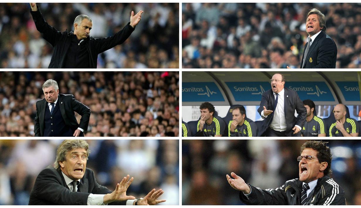 Berikut rasio kemenangan 6 pelatih top Real Madrid. Nama-nama terkenal seperti Jose Mourinho dan Fabio Capello termasuk didalamnya. (AFP)