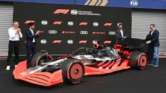 Merek asal Jerman, Audi resmi menungumumkan rencana keikutsertaannya di ajang Formula 1 pada musim 2026 sebelum konferensi pers pembalap dan tim di F1 Belgia 2022, Jumat (26/8/2022). (AFP/John Thys)