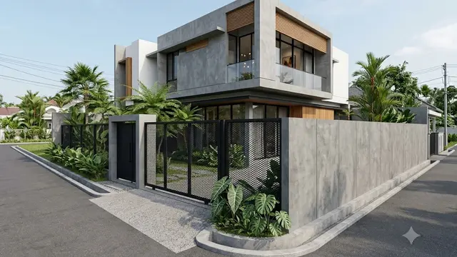 Pagar Rumah Hook Modern dengan Kombinasi Besi dan Tembok