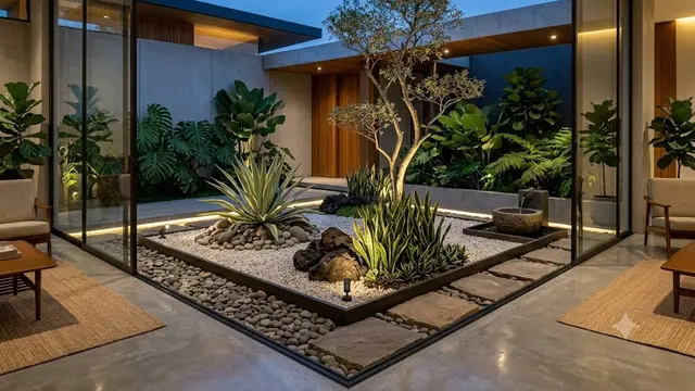 Desain Taman Kering Tengah Rumah dengan Elemen Modern