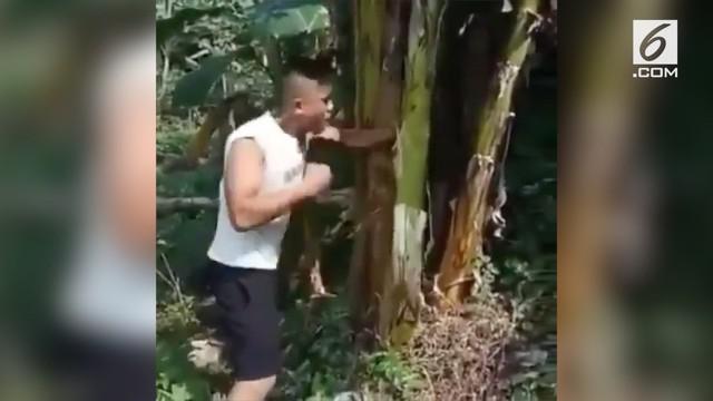Seorang pria menggunakan pohon pisang untuk berlatih tinju. Pohon pisang sampai rusak dibuatnya.