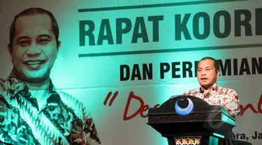 Menteri Desa, Pembangunan Daerah Tertinggal dan Transmigrasi (PDTT) Marwan Jafar memberikan kata sambutan saat Rapat Koordinasi Nasional Kementerian Desa PDTT di Jakarta, Selasa (31/3/2015). (Liputan6.com/Helmi Afandi)