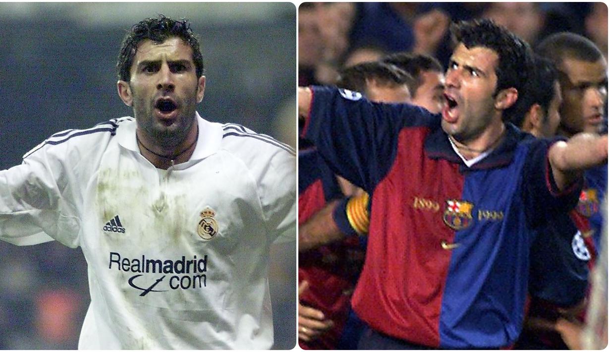 Legenda Real Madrid, Luis Figo, memiliki label tersendiri bagi fans Barcelona. Kepindahannya dari Barcelona ke Real Madrid adalah salah satu drama terbesar di dunia sepak bola, bahkan Figo dilabeli sebagai penghianat abadi oleh fans Barcelona kala itu. (kolase foto AFP)