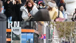 Foto kombinasi yang diabadikan pada 27 November 2020 (atas) dan 16 Desember 2020 (bawah) ini menunjukkan pemandangan berbeda di luar sebuah kawasan perbelanjaan di Berlin, Jerman. Jerman menerapkan karantina wilayah (lockdown) yang lebih ketat mulai 16 Desember 2020. (Xinhua/ShanYuqi)